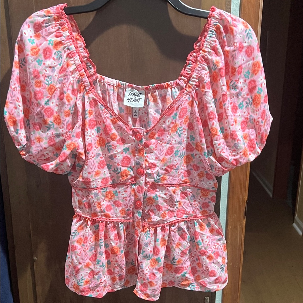Pink and White Puff Sleeve Peplum Blouse